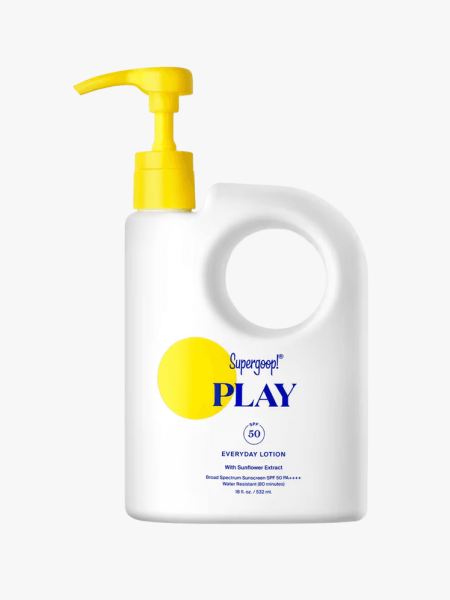 A jumbo pump bottle of Supergoop Play Everyday Lotion SPF 50 on a light gray background