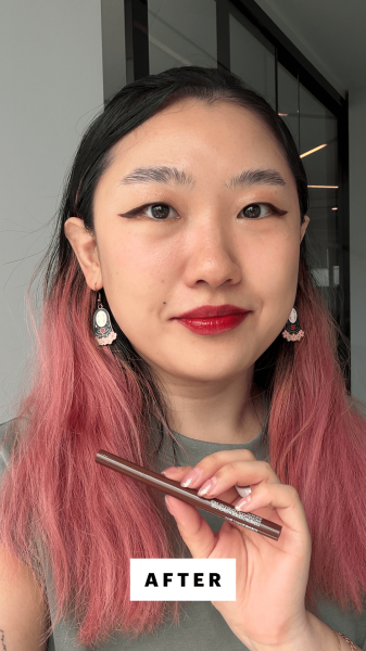 A selfie of Allure commerce editor Sarah Han after applying the Wet n Wild Breakup Proof Waterproof Skinny Eyeliner